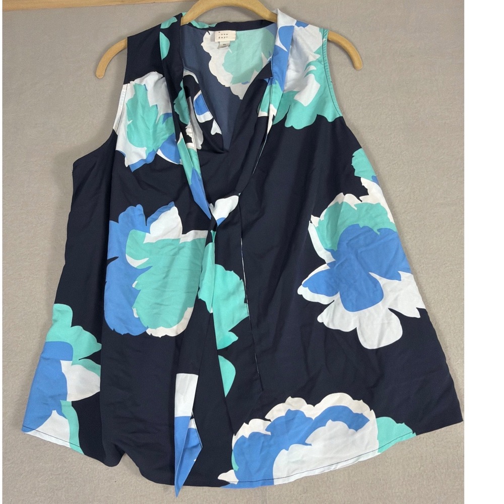 Sleeveless Tie Front V-Neck Blouse Top A New Day Women XL Navy Blue Teal Floral